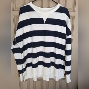 Time&Tru French Terry Oversized Top SzXL Long Sleeve Navy/Creme Banded Cuff/Hem